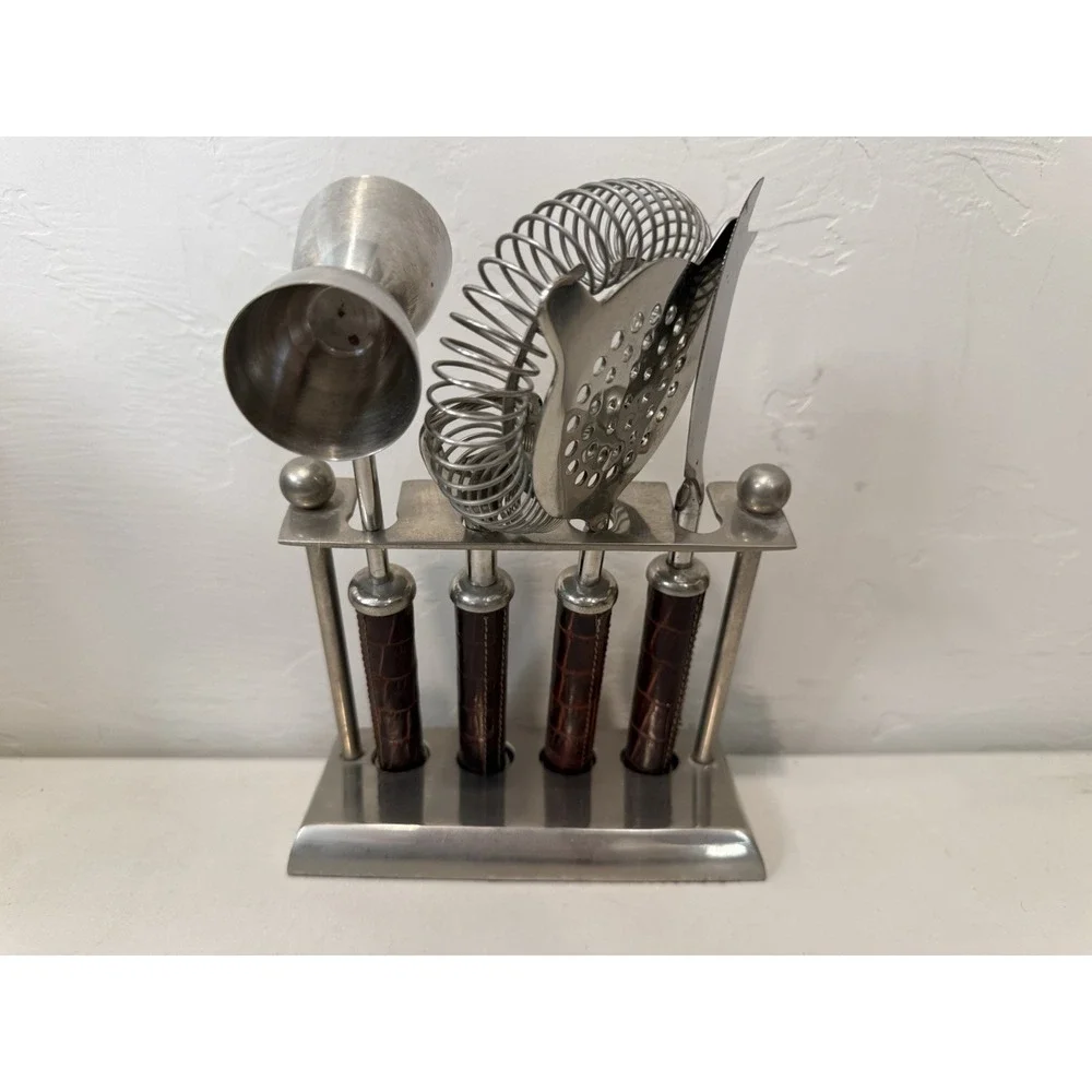 Vintage Pottery Barn Cocktail Barware Tool Set Brown Alligator Croc Handles MCM